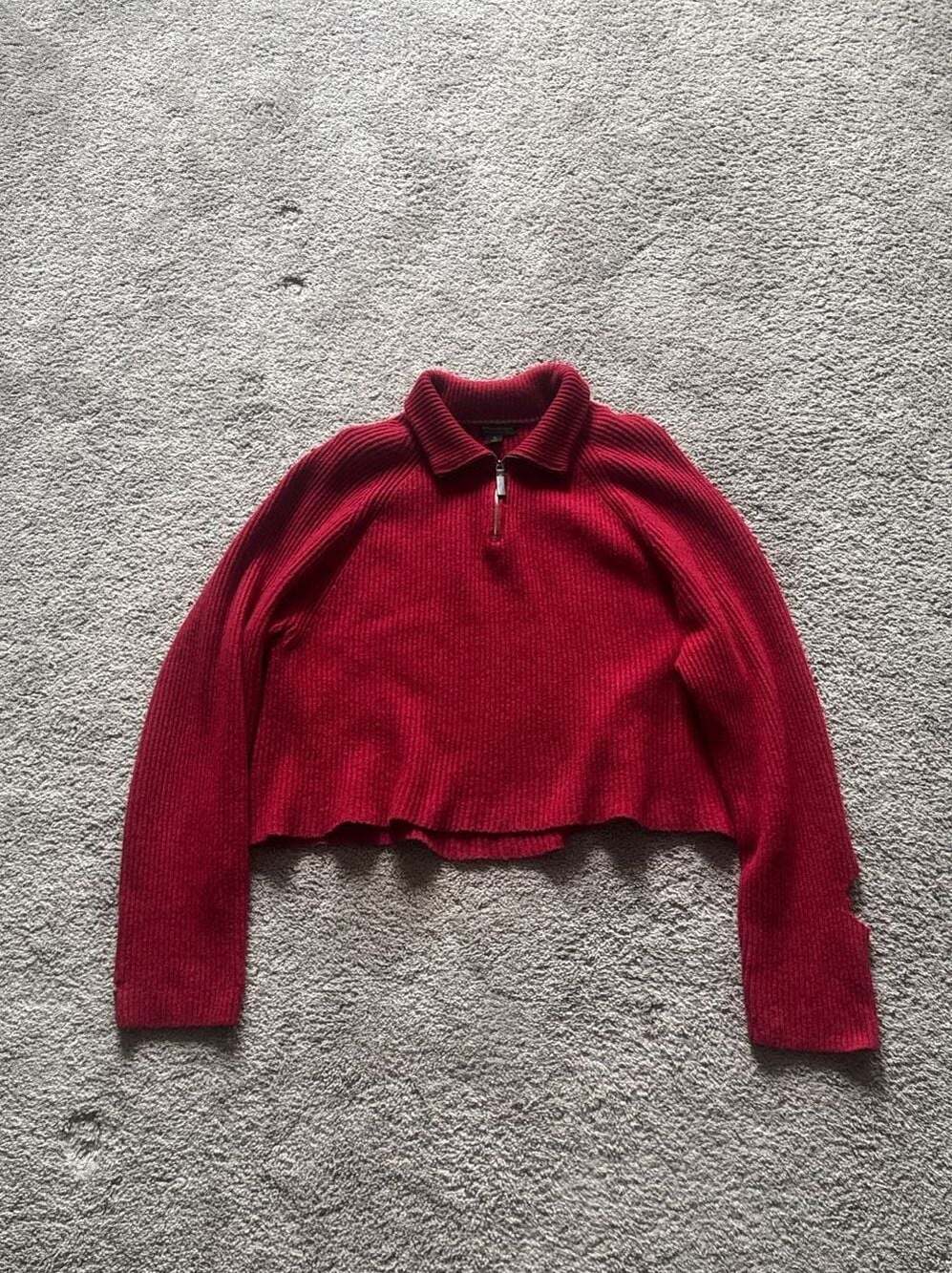 Banana Republic Red Ribbed Italian Merino Wool Half-Zip Cropped Sweater With Wat